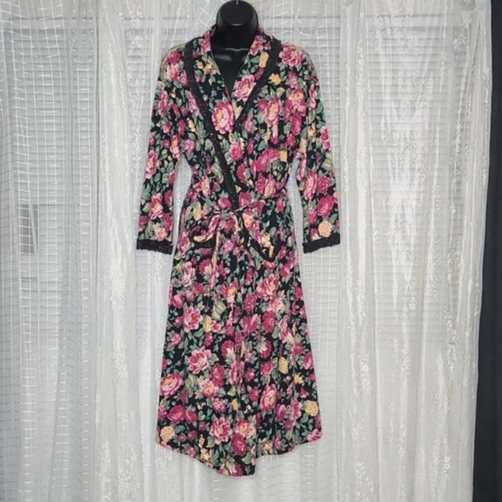 Vintage 90's Gold Label Full Length Floral Robe W/ Black Lace Trim SzP/S